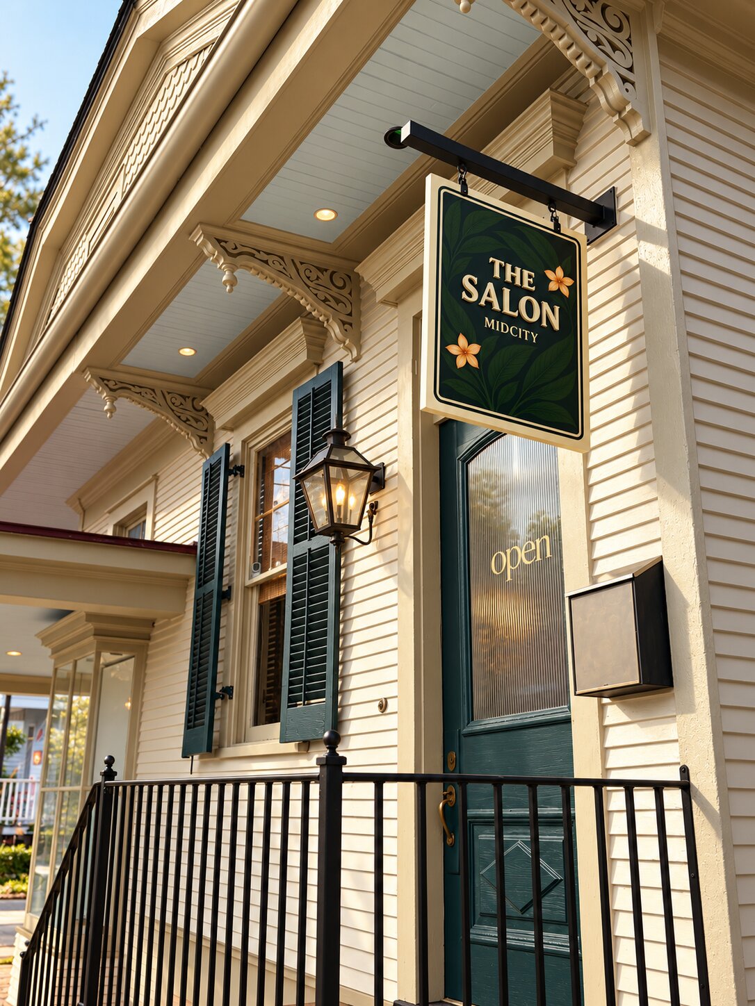 The Salon Mid-City storefront with its hanging sign, green shutters and front door