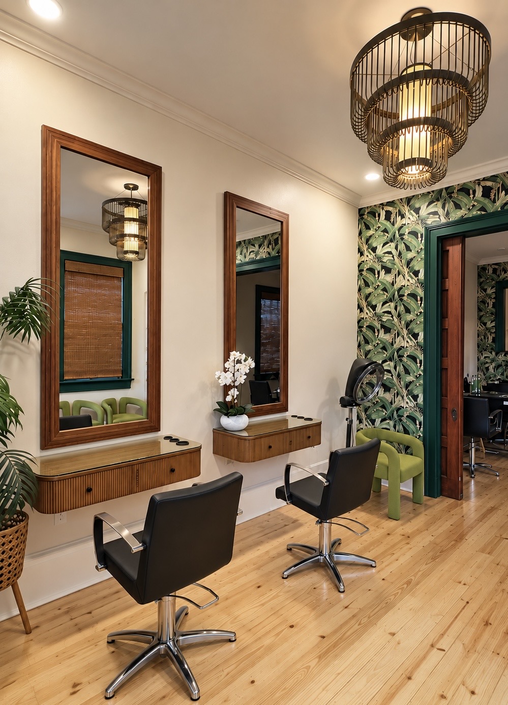 Inside The Salon Mid-City: styling stations with wood-framed mirrors and tropical leaf wallpaper